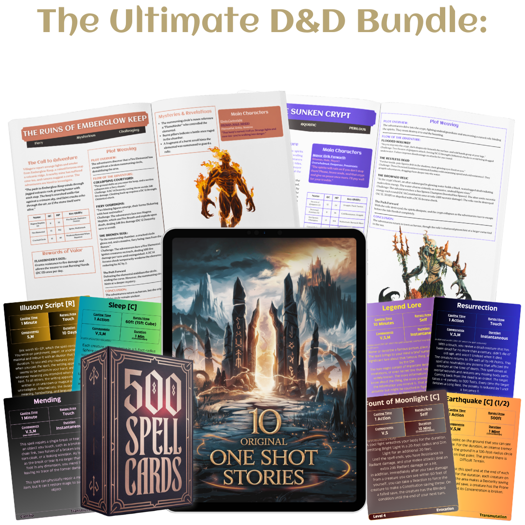 The Ultimate D&D Bundle: 500 Spell Cards + 10 One Shot Stories 🧙‍♂️✨